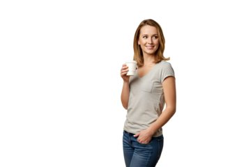 Young woman holding coffee cup and smiling, isolated on white background transparent PNG