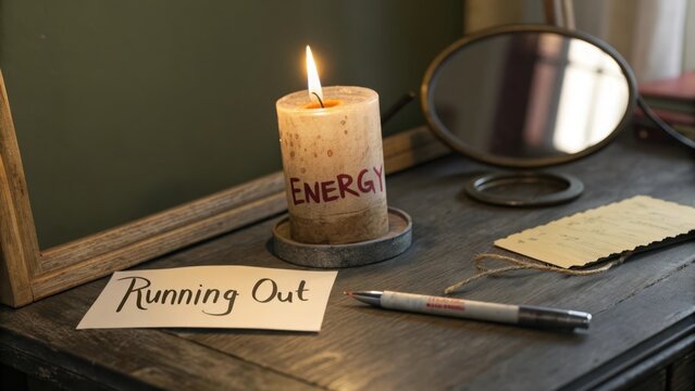 Burning Candle on Desk Reflecting Light and Energy