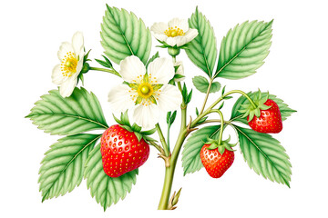 Strawberry Branch with Flowers and Berries: Botanical Illustration of Fragaria x ananassa on White Background                                         