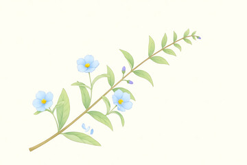 Delicate blue flax blossom illustration featuring detailed petals, foliage, buds on a textured, light background. Suitable for botanical design projects.