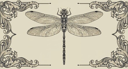 Detailed vintage dragonfly illustration with ornate frame decorative design elements