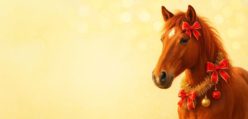 Portrait of a red horse in a green decorative New Year's wreath, holiday card for the new year with the symbol of 2026