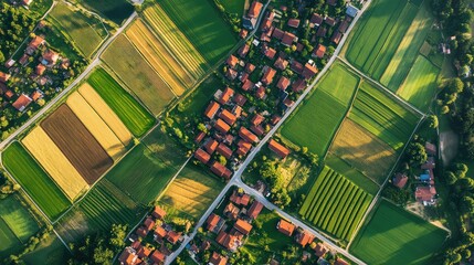 Aerial view of rural village farming land with houses