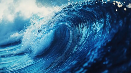 Ocean wave breaking, powerful blue water surfing