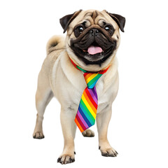 Obraz premium A pug standing with a rainbow tie against a black background looking directly at the camera smiling widely