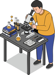 Isometric Illustration Scientist Examine Object with Microscope in Laboratory Scene