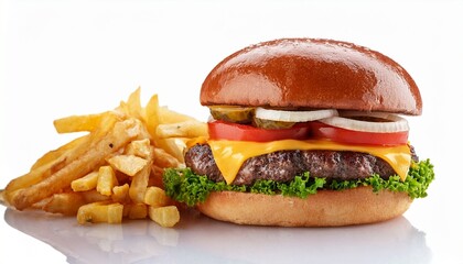 delicious juicy beef burger with melted cheese and crispy french fries isolated on white background