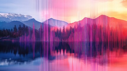Glitching soundwave mountain and lake landscape with vibrant colors