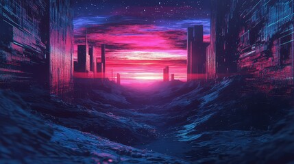 Cyberpunk city valley at vivid neon sunset