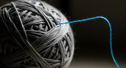 Close up of a ball of grey yarn with a single strand of blue thread unwinding