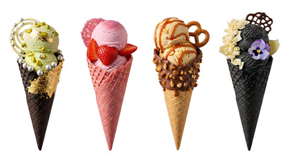 Ice cream cones on isolated background. Generative AI, collection of delicious ice cream in waffle cone, isolated on transparent background cutout, png different flavors mockup for design	
