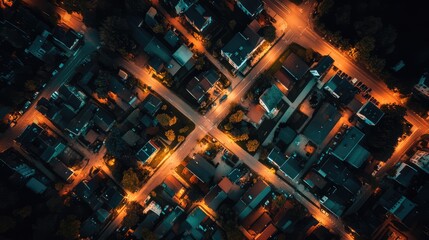 Aerial view illuminating residential neighborhood streets at night