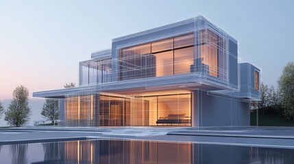 Modern house wireframe rendering illustrating architectural blueprint design