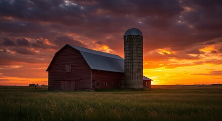 Dramatic sunset over red barn and silo in rural landscape scenery