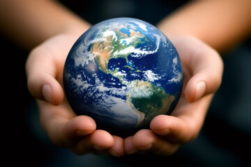 Human hands holding planet earth offering care and protection