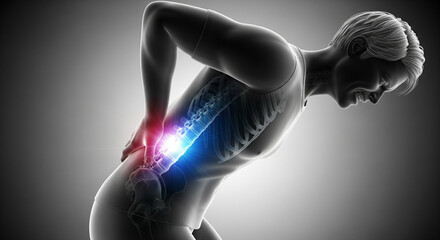 3D medical illustration of a man suffering from lower back pain, with a glowing red and blue area highlighting the inflammation and injury in the lumbar spine.