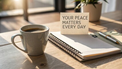 Coffee cup and notebook with a positive message on a table