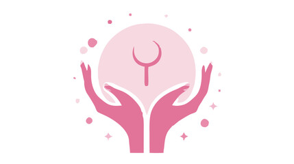 Stylized pink hands holding a glowing sphere with a feminine moon symbol, representing magic, spirituality, care, and protection.