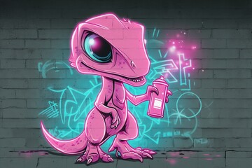 Bright pink cartoon Dilophosaurus holding a spray can, representing a playful and urban street art dinosaur character