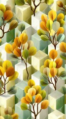 Elegant and modern seamless pattern with stylized tree branch and geometric cube, representing the fusion of nature and abstract design