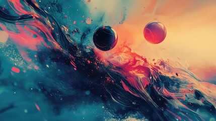 Abstract spheres floating above flowing colorful liquid