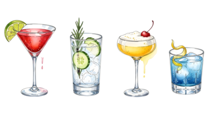 a set of cocktails: gin tonic, blue lagoon, tequila sunrise, iced irish coffee, pina colada, mai tai, cocktail with rum, whiskey, mojito, bar menu drinks, cocktails isolated PNG