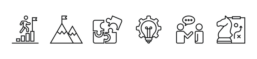 Business strategy set of web icons in line style. A collection of linear icon representing key business concepts, including market analysis, strategy, leadership, innovation, planning. Editable stroke