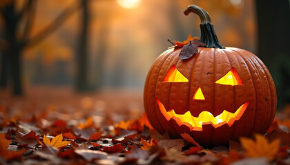 Jack-o'-lanterns glowing in the dark with fog and eerie lighting