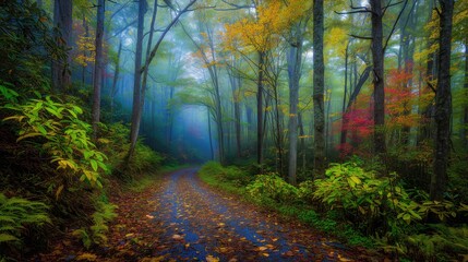 Obraz premium Mountain Forest Path Autumn Colorful Leaves Nature Travel Background