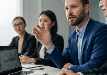 Business Meeting with Diverse Professionals Analyzing Data