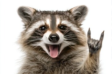 Fototapeta premium Close-up of a raccoon with a rock-and-roll hand gesture