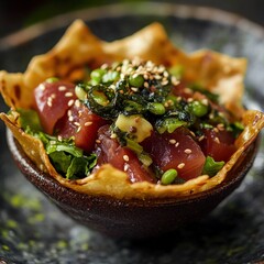 A poke taco with marinated tuna, seaweed salad, and sesame seeds in a crispy wonton shell