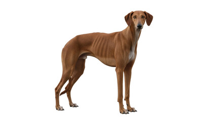 Isolated Saluki dog standing, lean, brown, domestic mammal of sighthound hunting breed