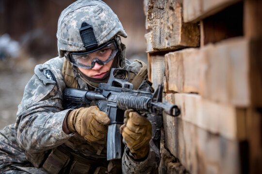 Female soldier in camouflage uniform aiming m4 rifle