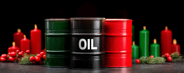 Trio of Colorful Oil Barrels in Front of Festive Candles and Greenery Decorations