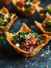 A poke taco with marinated tuna, seaweed salad, and sesame seeds in a crispy wonton shell