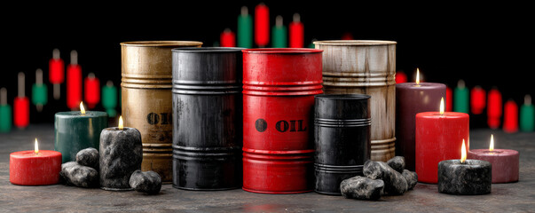 Collection of Colorful Oil Barrels and Decorative Candles Creating a Dramatic Contrast with Market Indicators in Dark Setting