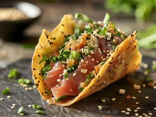 A poke taco with marinated tuna, seaweed salad, and sesame seeds in a crispy wonton shell