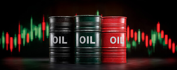 Three Barrels Marked Oil in Black, Green, and Red Against Stock Market Trend Lines