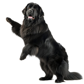 A large black newfoundland dog standing on its hind legs with its paw raised on a black background