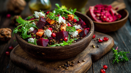 Eating Beetroot Feta Cheese Lentil Salad. Healthy Food