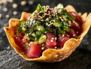 A poke taco with marinated tuna, seaweed salad, and sesame seeds in a crispy wonton shell