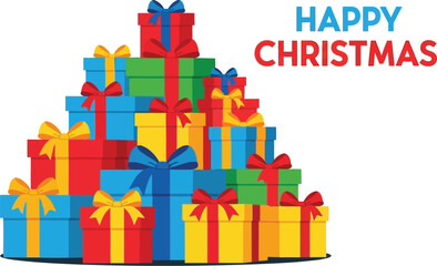 Stack of colorful christmas gifts with happy christmas text