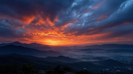 Fototapeta premium Breathtaking Sunset over Mountain Range with Dramatic Clouds and Vibrant Sky Colors Reflecting in Nature's Calm Beauty