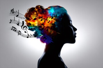 Woman silhouette showing music notes creativity mind
