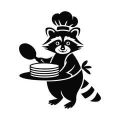Cute chef raccoon character holding a stack of pancakes and a spoon silhouette