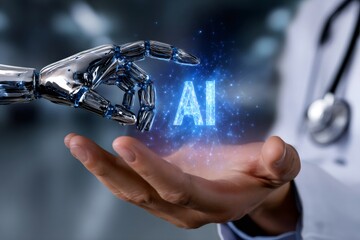 Doctor and robot hand receiving ai technology
