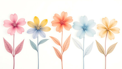 Obraz premium Pastel Row: Five Delicate Flowers with Simple Leaves on a Clean White Background in a Feminine, Soft Tone. 