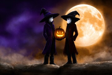 Witches holding pumpkin lantern celebrating halloween under moon