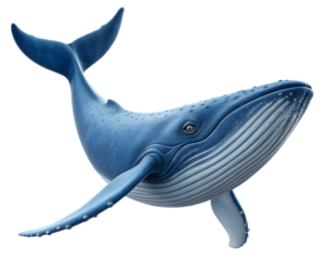 A blue whale swimming upwards with its tail visible and its fins outstretched in a clear background